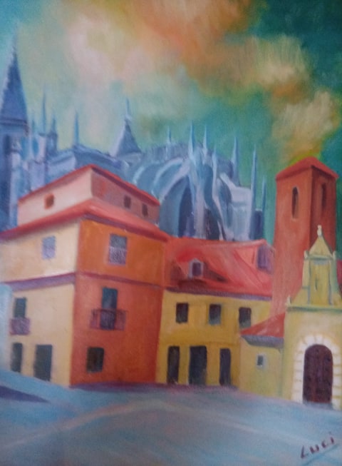 Paisaje de detrás de la catedral. A la derecha la antigua ermita, hoy iglesia, de San Pedro, en la que fue bautizada su sobrina Mª. Luisa.